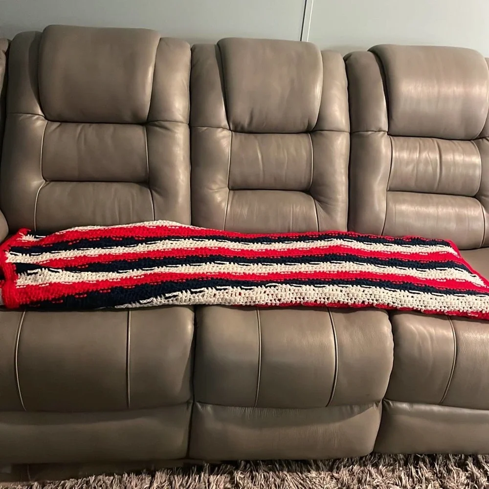 Large oversized grandma hand knitted Roseanne style, afghan-patriotic colors
